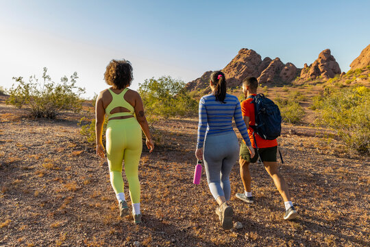Southwest Desert summer Landscape with Gen z friends Hiking together 