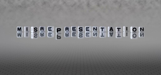 misrepresentation word or concept represented by black and white letter cubes on a grey horizon background stretching to infinity