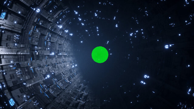 Space futuristic base with ships traffic. Futuristic concept. Green screen isolate. 3d rendering.