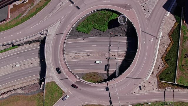 Aerial view of the Keha highway in Espoo city, Finland. Roundabout over the road.