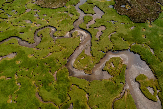 top down view of the creeks and pools and rivers of the Carrowmore Lacken saltmarsh in northern County Mayo