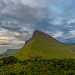 sunset and overcast sky in the evening around Bunbeg table top mountain in County Sligo in western Ireland