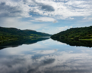 landscape view of Glencar Lough in western Ireland with sky reflections in the calm lake water