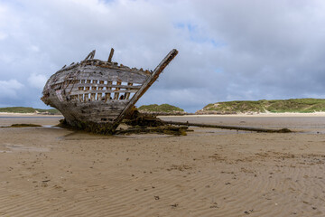 view of the shipwreck of the Cara Na Mara on Mageraclogher Beach in Ireland