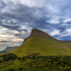 sunset and overcast sky in the evening around Bunbeg table top mountain in County Sligo in western Ireland