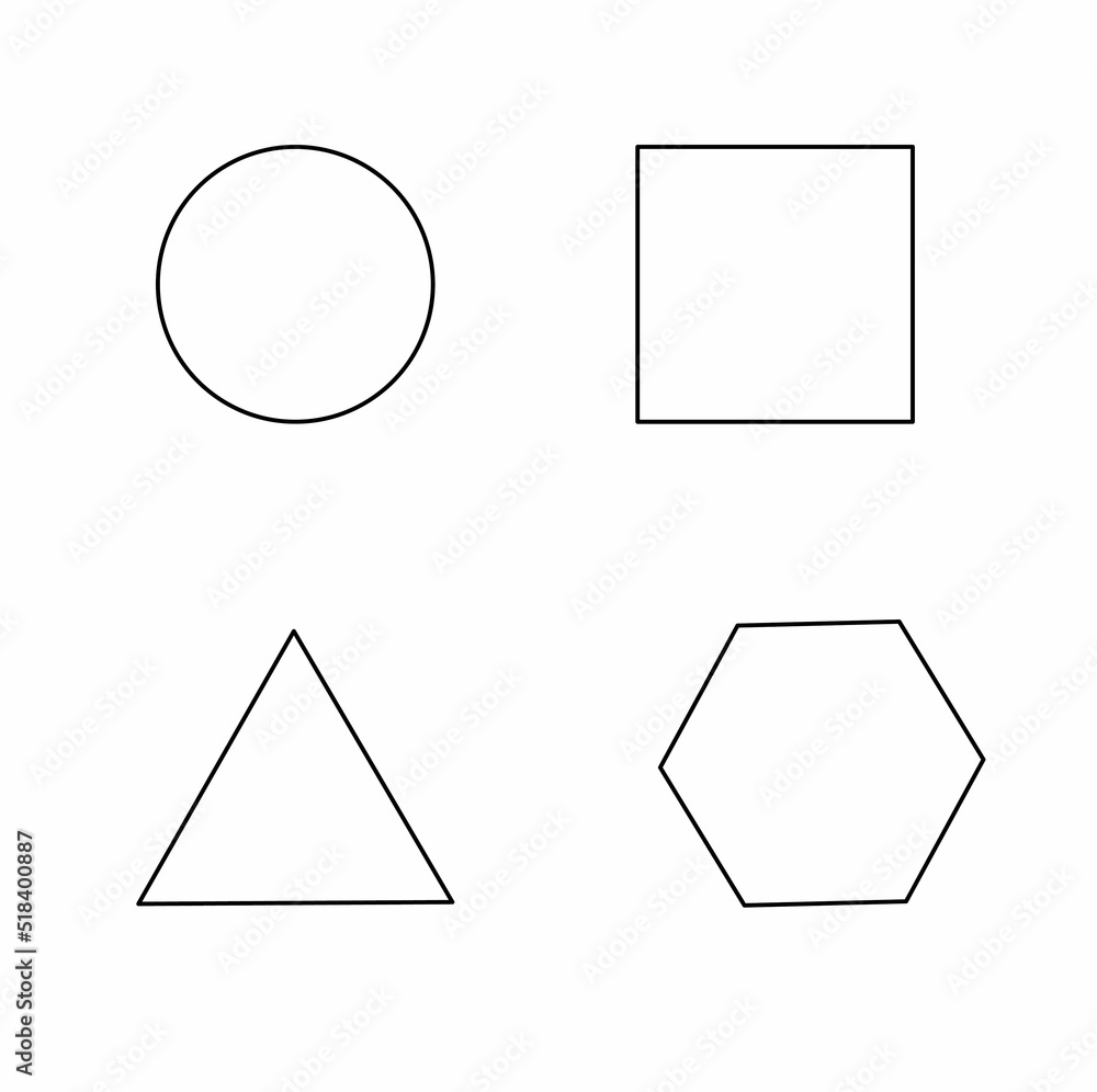 Wall mural flat geometric shapes circle, square, triangle, hexagon, isolated on a white background, didactic material, template for website design, multimedia buttons