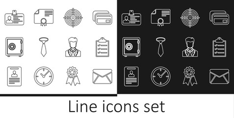 Set line Envelope, Clipboard with checklist, Target sport, Tie, Safe, Identification badge, User of man in business suit and Certificate template icon. Vector