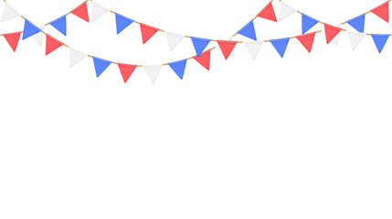 Flag garland. Repeating party bunting pattern. Triangle celebration flags chain. White, blue, red pennants decoration. Vector footer and banner