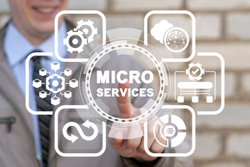 Microservice Architecture Concept. Businessman using virtual touchscreen presses word of microservices. Micro services Architecture Software Modernization Integration.