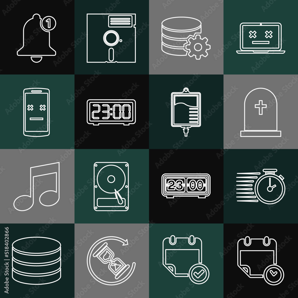 Poster set line calendar and clock, stopwatch, tombstone with cross, setting database server, digital alarm