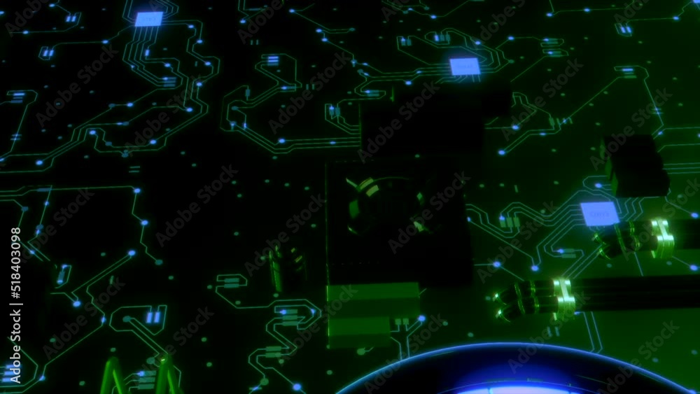 Poster glowing network lines in chip. motion. glowing lines of chip lead to generator. bright glowing mothe