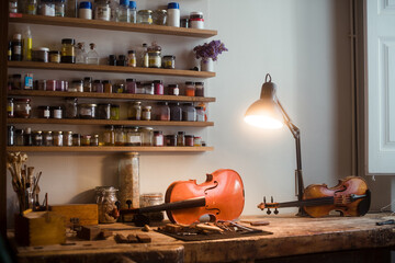 Violin luthiers cozy workshop