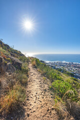 Fototapeta na wymiar Hiking trail on Table Mountain with a clear blue sky, cityscape and sea with copyspace. Beautiful landscape of dirt road leading through lush wild bushes and plants. Discover the wonders of Cape town
