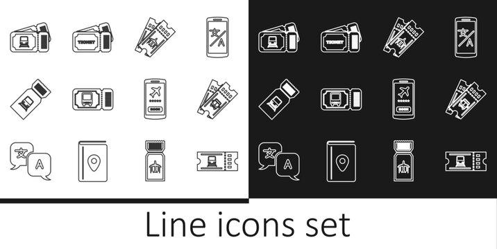 Set line Train ticket, Bus, Airline, Mobile with and Ticket icon. Vector