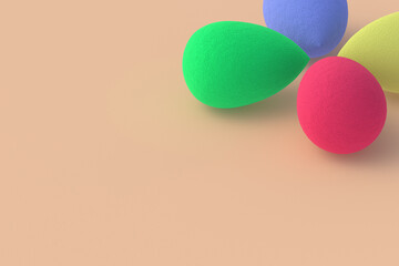 Egg sponges on beige background. Cosmetic accessories. Beauty and fashion. Makeup tools. Copy space. 3d render