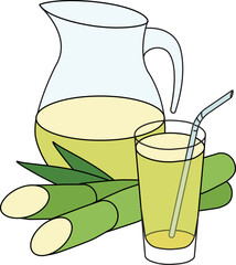Doodle cartoon style green yellow sugarcane juice in a jug. Refreshing healthy natural drink, cocktail ingredient. For card, stickers, posters, bar menu or cook book recipe. - obrazy, fototapety, plakaty