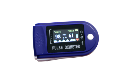 Close-up of a blue pulse oximeter showing 99% saturation - normal, isolated image