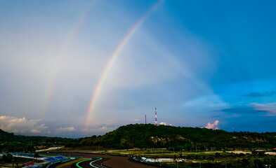 Rainbow at the Mandalika Circuit, Lombok, West Nusa Tenggara, Indonesia. Mandalika circuit is the...