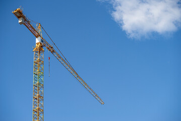 white peaceful sky, white cirrus clouds, beautiful sunny sky, blue sky, yellow lantern, minimalism, building, construction