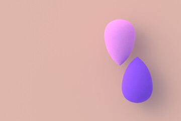 Egg sponges on beige background. Cosmetic accessories. Beauty and fashion. Makeup tools. Top view. Copy space. 3d render