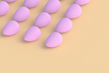 Rows of egg sponges on beige background. Cosmetic accessories. Beauty and fashion. Makeup tools. Copy space. 3d render