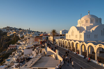 View of Fira, the main village of Santorini at sunset, Greece