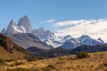 Argentinian pampas grassland with a view of the Fitz Roy mountain in the background, near the town...