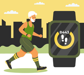 Old Happy Man Running With Smart Watch Concept Vector Illustration In Flat Style