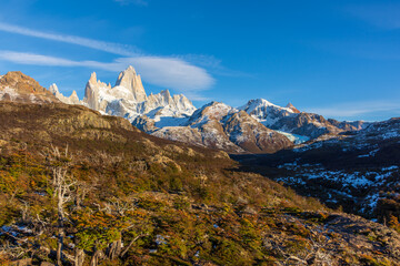 A view of the Fitz Roy mountain in the distance, near the town of El Chalten in the Patagonia region of Argentina.