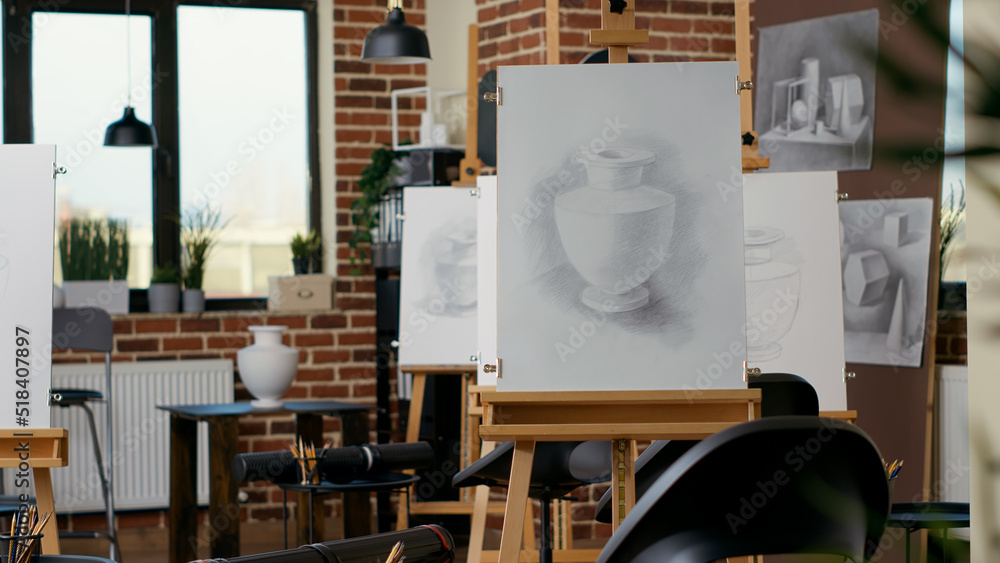 Aufkleber empty art class with artistic equipment and canvas with easel to learn new skills for personal devel