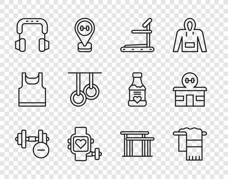 Set line Dumbbell, Towel on hanger, Treadmill machine, Smart watch with heart, Headphones, Gymnastic rings, Uneven bars and building icon. Vector