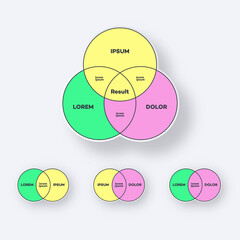 Venn diagram chart template set two, three, four circle color style for presentation, start up project, business strategy, theory basic operation, infographic, logic analysis. Vector 10 eps