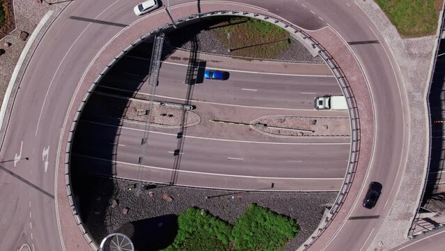 Aerial view of the Keha highway in Espoo city, Finland. Roundabout over the road.