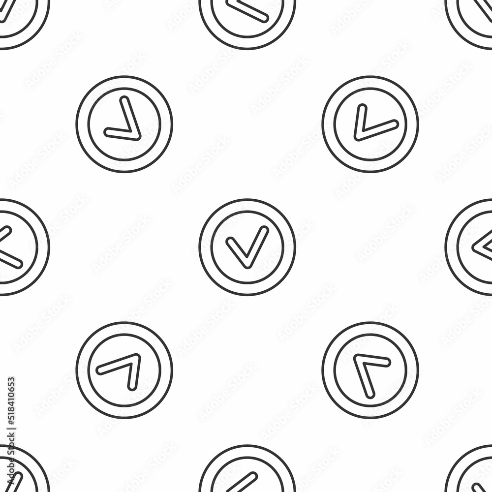 Poster grey line check mark in round icon isolated seamless pattern on white background. check list button 