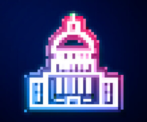 Glowing neon line White House icon isolated on blue background. Washington DC. Vector