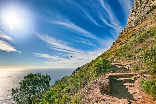 A mountain trail with blue sky and lensflare over ocean. Landscape of mysterious dirt road for hiking on adventure walks along a beautiful scenic trail with lush shrubs in Cape Town, South Africa