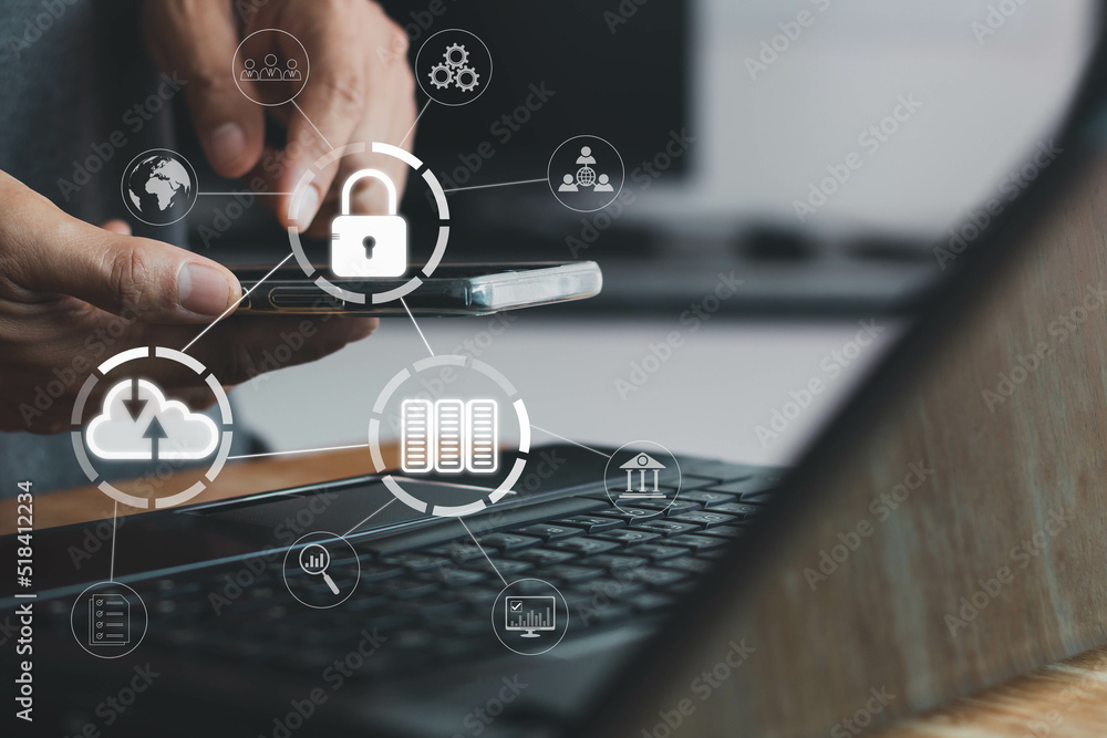 Poster cybersecurity and privacy concepts to protect data. business person working on computer laptop and s
