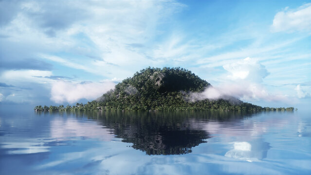 Fantasy island with skull mountain. airy concept. Dynamic trees. 3d rendering.
