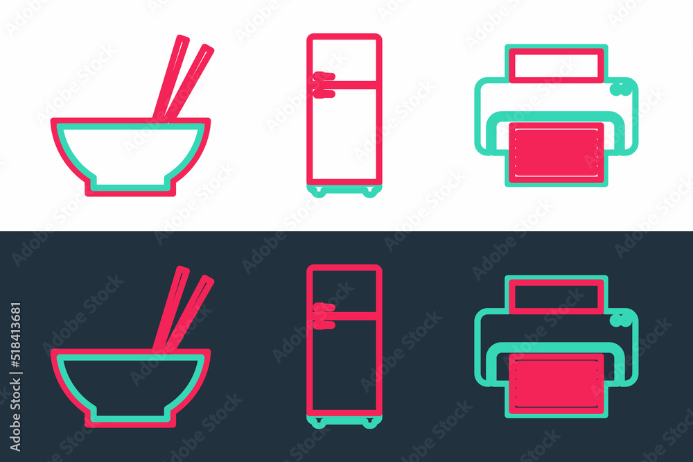 Sticker set line printer, bowl with chopsticks and refrigerator icon. vector