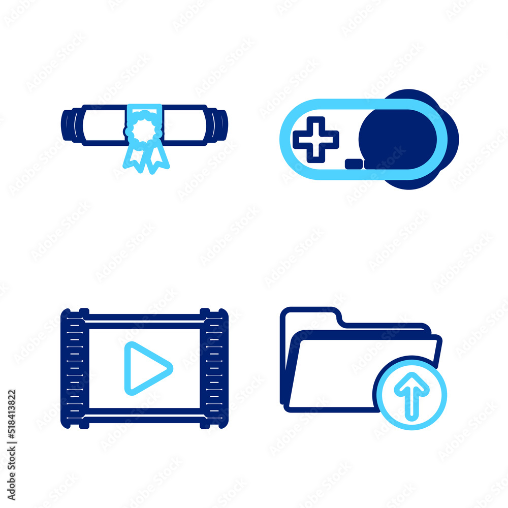 Poster set line upload file, movie clapper, gamepad and diploma rolled scroll icon. vector