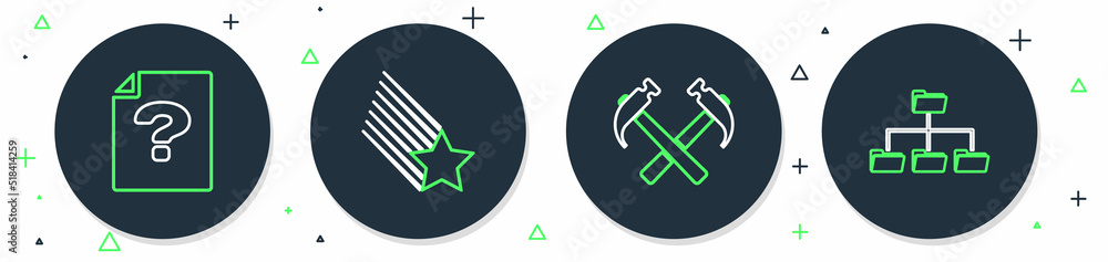 Poster set line falling star, two crossed hammers, unknown document and folder tree icon. vector