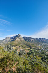 Copy space with Table Mountain in Cape Town against a blue sky background. Beautiful scenic view of plants and trees growing around a majestic rocky valley and scenic city in nature outdoors