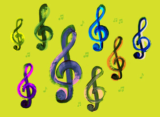 Large treble clefs and small music notes on green