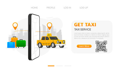 Get a taxi car in your device. Transportation of things from point A to point B. Taxi service. Vector illustration.
