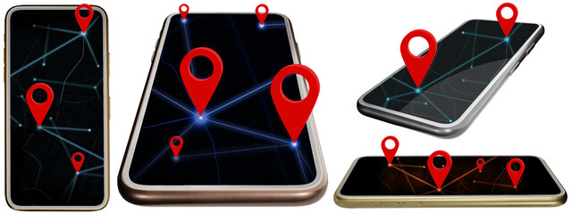 Smartphone and route pin Coordinates in the Maps application coordinate pins gps map navigation 3d illustration isolated on a white background with clipping path