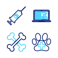 Set line Veterinary clinic, Crossed bones, Clinical record dog laptop and Syringe with pet vaccine icon. Vector