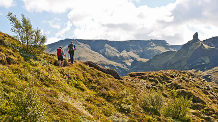 couple hiking in the Thorsmork valley in Iceland
