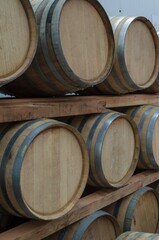 Barricas en bodegas de Santo Tomás en el Valle de Guadalupe, Ensenada, Baja California,...