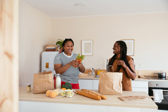 Happy Black Mom And Daughter Unpacking Groceries