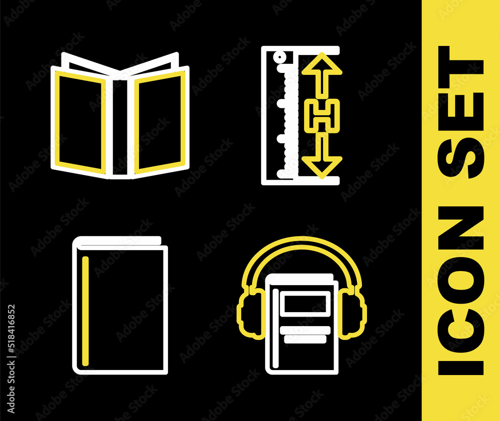 Poster set line measuring height and length, audio book, book and open icon. vector